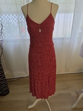 Row-A Red Polka-Print Midi Dress with Spaghetti Straps